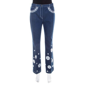 luxury-women-escada-used-clothes-p207942-001 escada dark blue cotton stretch denim embroidered floral motif flared jeans m