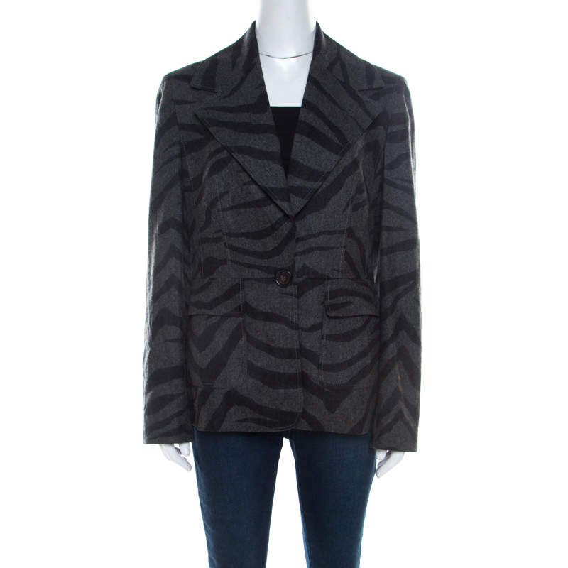 luxury-women-escada-used-clothes-p209298-004 Escada Grey Cashmere Wool Animal Pattern Single Button Blazer M