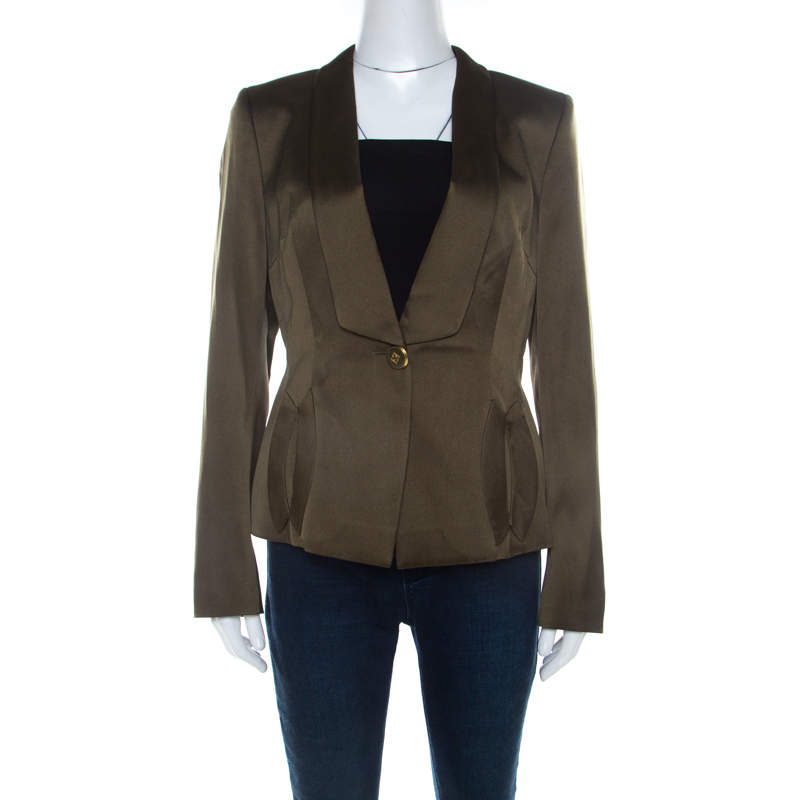 luxury-women-escada-used-clothes-p209416-005 Escada Olive Green Silk Satin Tailored Blazer M