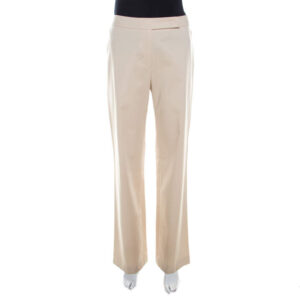 escada beige cotton flat front straight fit trousers m