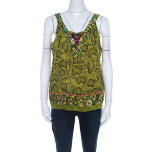 luxury-women-etro-used-clothes-p206589-004 etro lime green snakeskin print silk embellished sleeveless top l