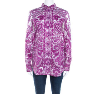 etro purple paisley print cotton stretch button front shirt m