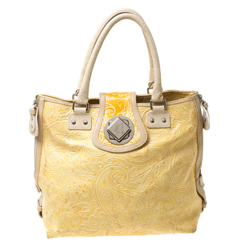 etro yellow paisley embossed patent leather tote