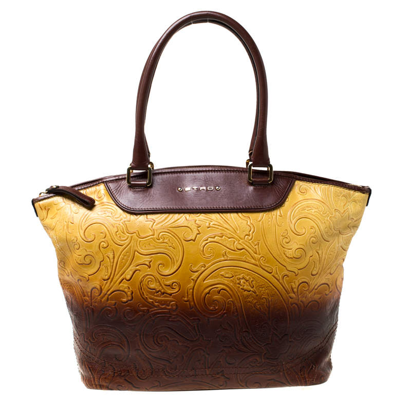 etro yellow/brown ombre paisley embossed leather zip tote