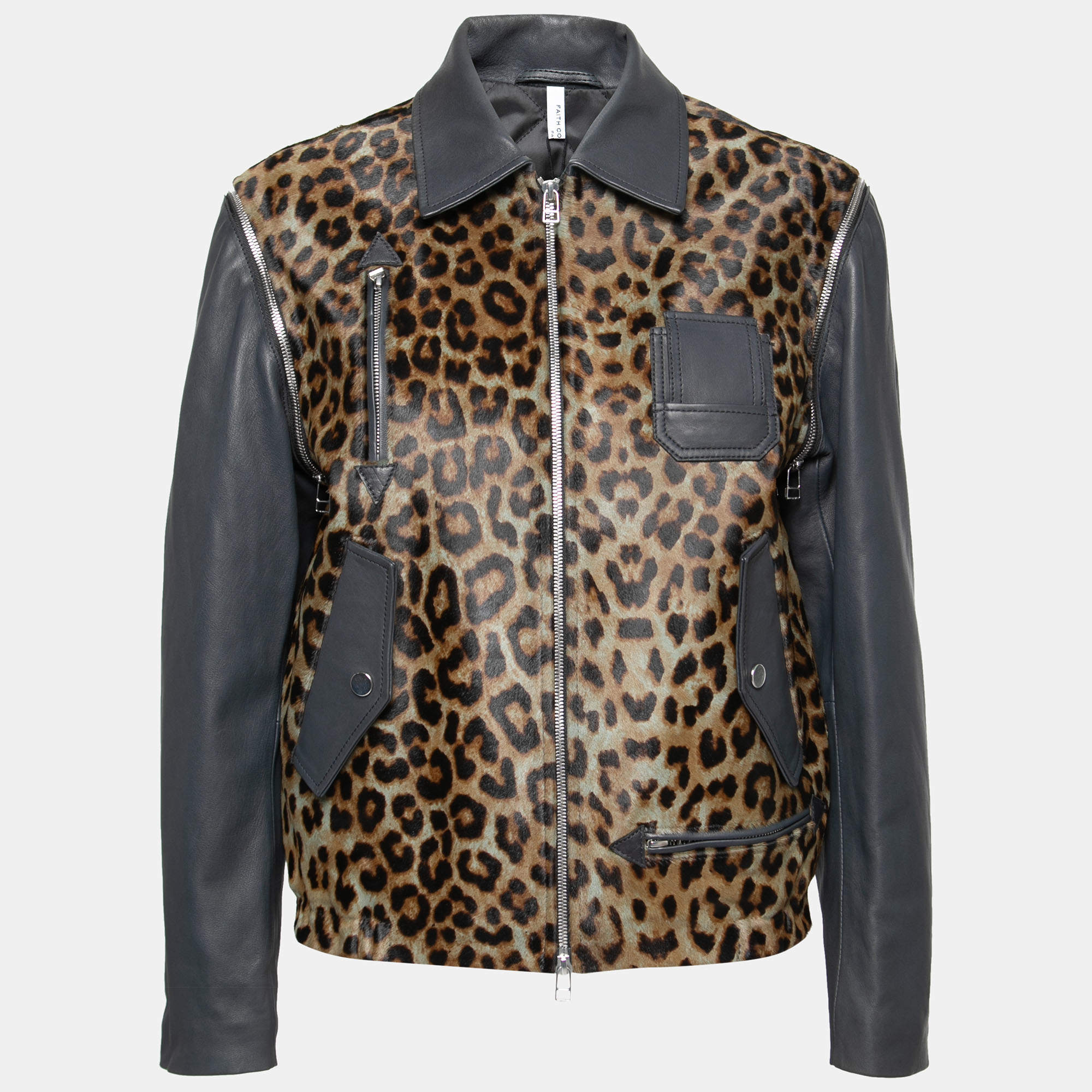 faith connexion khaki and navy cheetah print detachable sleeve detail moto jacket xs