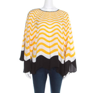 luxury-women-fendi-used-clothes-p194172-001 fendi yellow and off white wave printed silk contrast bow trim detail kaftan top m
