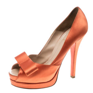 fendi orange satin deco bow peep toe platform pumps size 40