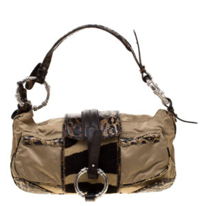 luxury-women-gianfranco-ferre-used-handbags-p194906-009 gianfranco ferre beige/brown nylon/python and calfhair satchel