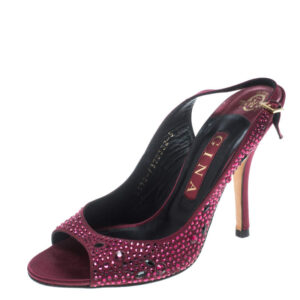 luxury-women-gina-used-shoes-p159911-0001 gina red satin crystal embellished peep toe slingback sandals size 38