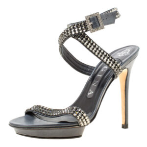 luxury-women-gina-used-shoes-p174322-007 gina dark grey crystal embellished leather cross ankle strap sandals size 37