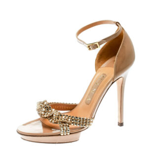 luxury-women-gina-used-shoes-p174423-003 gina beige leather crystal embellished ankle strap platform sandals size 37