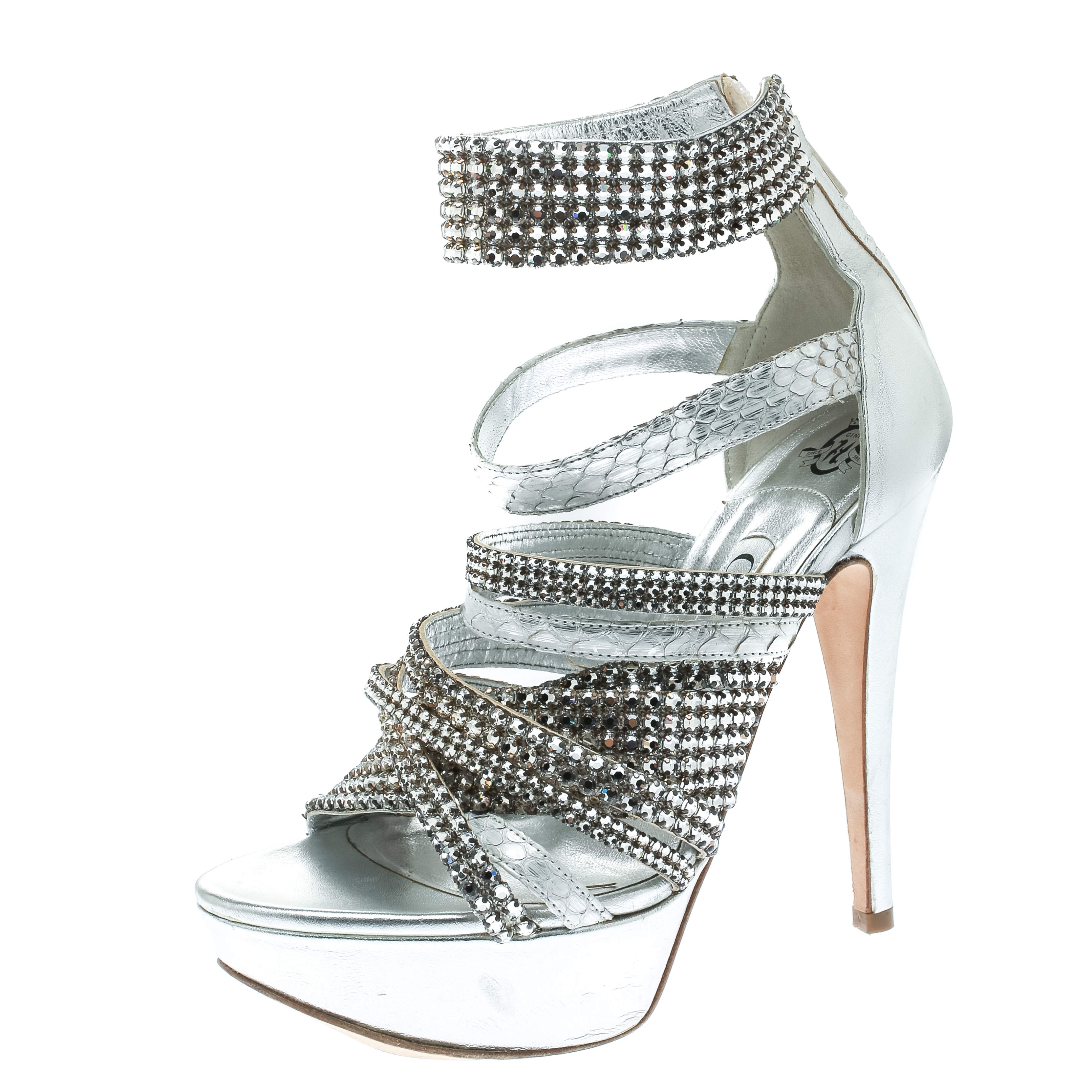 luxury-women-gina-used-shoes-p174749-003 gina silver crystal embellished leather and python strappy platform sandals size 37