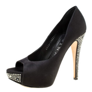 luxury-women-gina-used-shoes-p174820-006 gina black satin crystal embellished peep toe platform pumps size 37