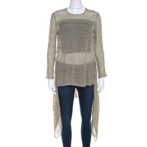 giorgio armani sage green sheer linen silk asymmetric hem long sleeve blouse m