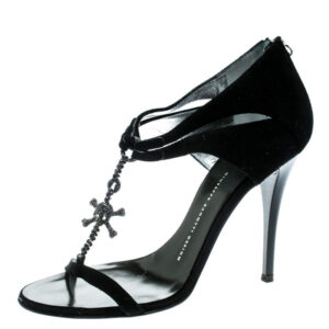 giuseppe zanotti black suede skull embellished t strap sandals size 38