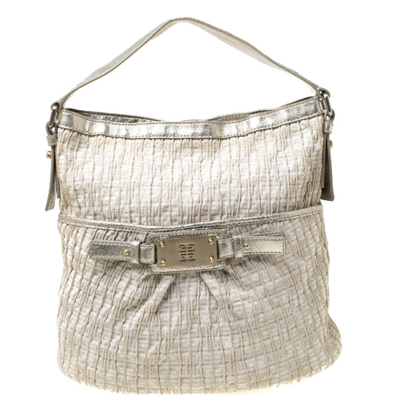 luxury-women-givenchy-used-handbags-p213322-010 givenchy beige shimmering canvas and leather trim hobo