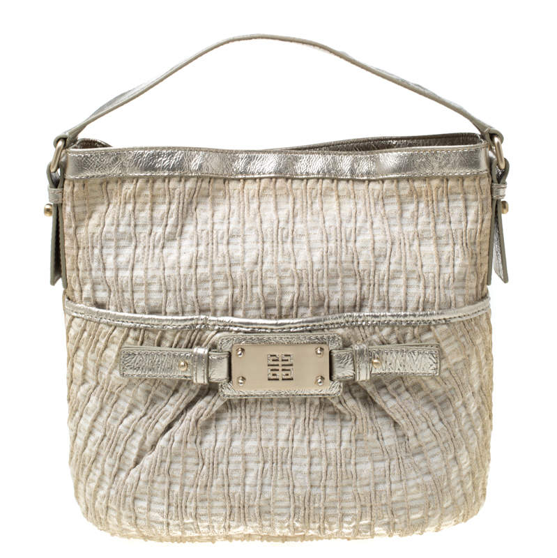 luxury-women-givenchy-used-handbags-p213348-010 givenchy beige shimmering canvas and leather small trim hobo