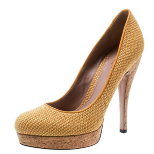 luxury-women-gucci-used-shoes-p178492-006 gucci yellow woven jute bumblebee cork platform pumps size 37