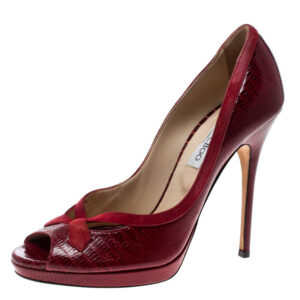 luxury-women-jimmy-choo-used-shoes-p162733-006 jimmy choo red embossed lizard patent leather and suede trim peep toe platform pumps size 40