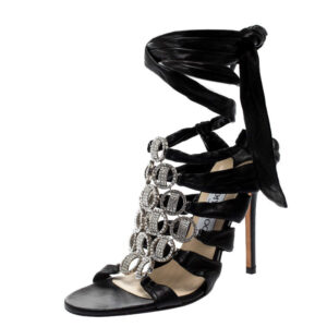 luxury-women-jimmy-choo-used-shoes-p207812-003 jimmy choo black leather marine crystal embellished tie up sandals size 39