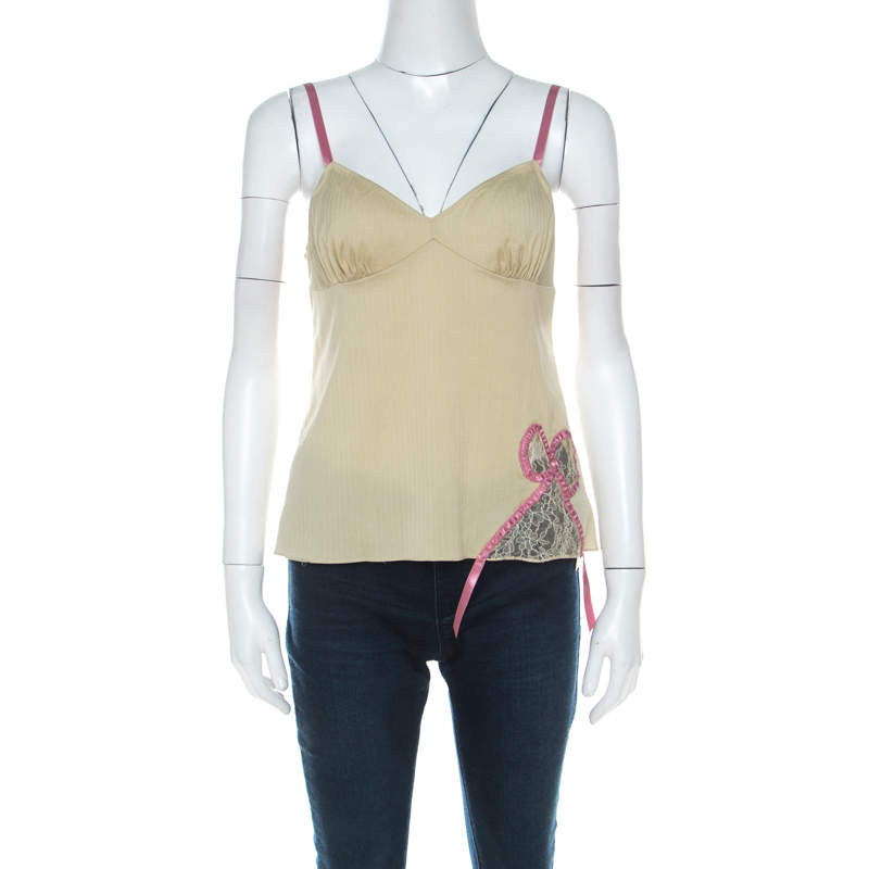 luxury-women-john-galliano-used-clothes-p216486-007 john galliano green stretch cotton and lace bow detail camisole top m