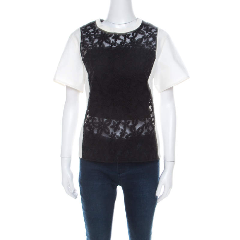 luxury-women-joseph-used-clothes-p211463-008 Joseph Black and White Leather Floral Lace Detail Jill Broderie Anglaise Top M