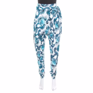 just cavalli white and blue shell printed draped tie detail pants m