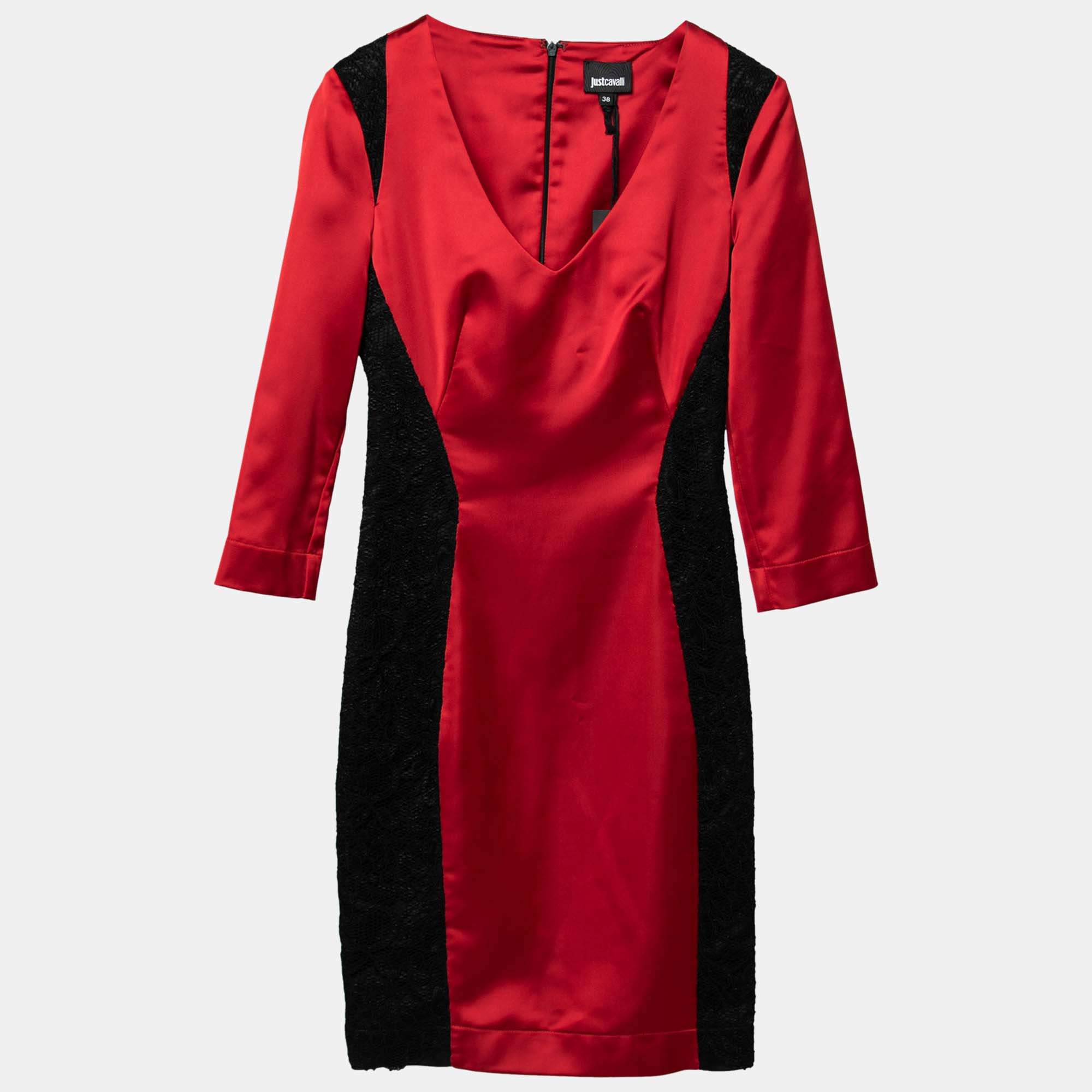 luxury-women-just-cavalli-used-clothes-p203455-006 just cavalli dark red stretch satin contrast lace paneled v neck sheath dress s