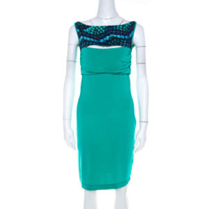 just cavalli green stretch knit snakeskin print cut out yoke detail sleeveless dress l
