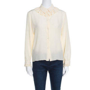 luxury-women-kenzo-used-clothes-p163624-006 kenzo cream ruffled trim detail long sleeve silk blouse m