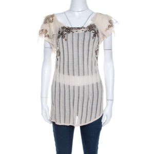 kenzo buttercream foil print striped knit layered tulle sleeve top xl