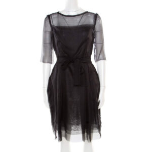 lanvin black silk organza raw edge detail sheer yoke layered dress s