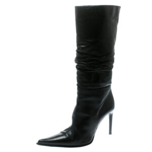 luxury-women-le-silla-used-shoes-p178565-003 le silla black leather rucched detail calf length pointed toe boots size 38