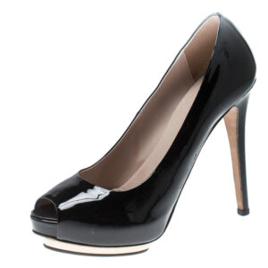 luxury-women-le-silla-used-shoes-p212995-007 le silla black patent leather peep toe platform pumps size 38