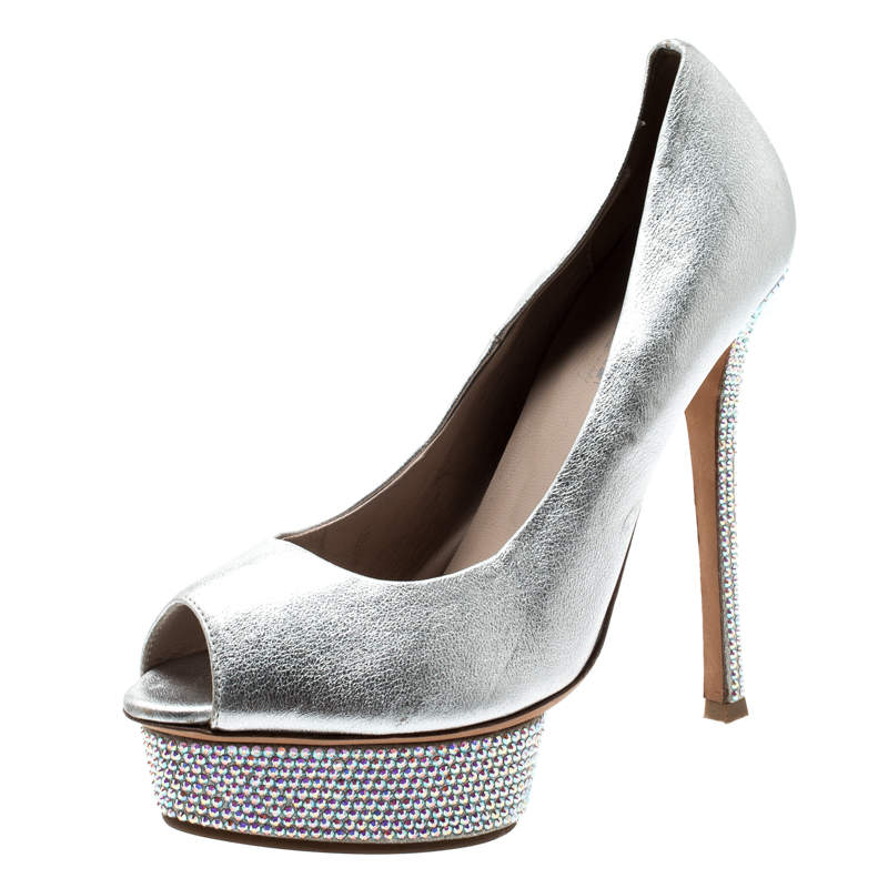 luxury-women-le-silla-used-shoes-p213637-003 le silla metallic silver leather crystal embellished platform peep toe pumps size 38