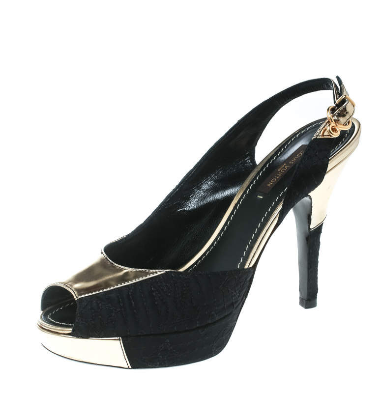luxury-women-louis-vuitton-used-shoes-p171913-003 louis vuitton black satin and metallic gold leather motard piccadilly peep toe platform slingback sandals size 36