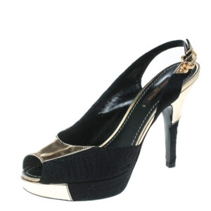 louis vuitton black satin and metallic gold leather motard piccadilly peep toe platform slingback sandals size 36
