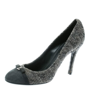 luxury-women-louis-vuitton-used-shoes-p178491-003 louis vuitton grey monogram fabric with suede bow cap toe pumps 37.5
