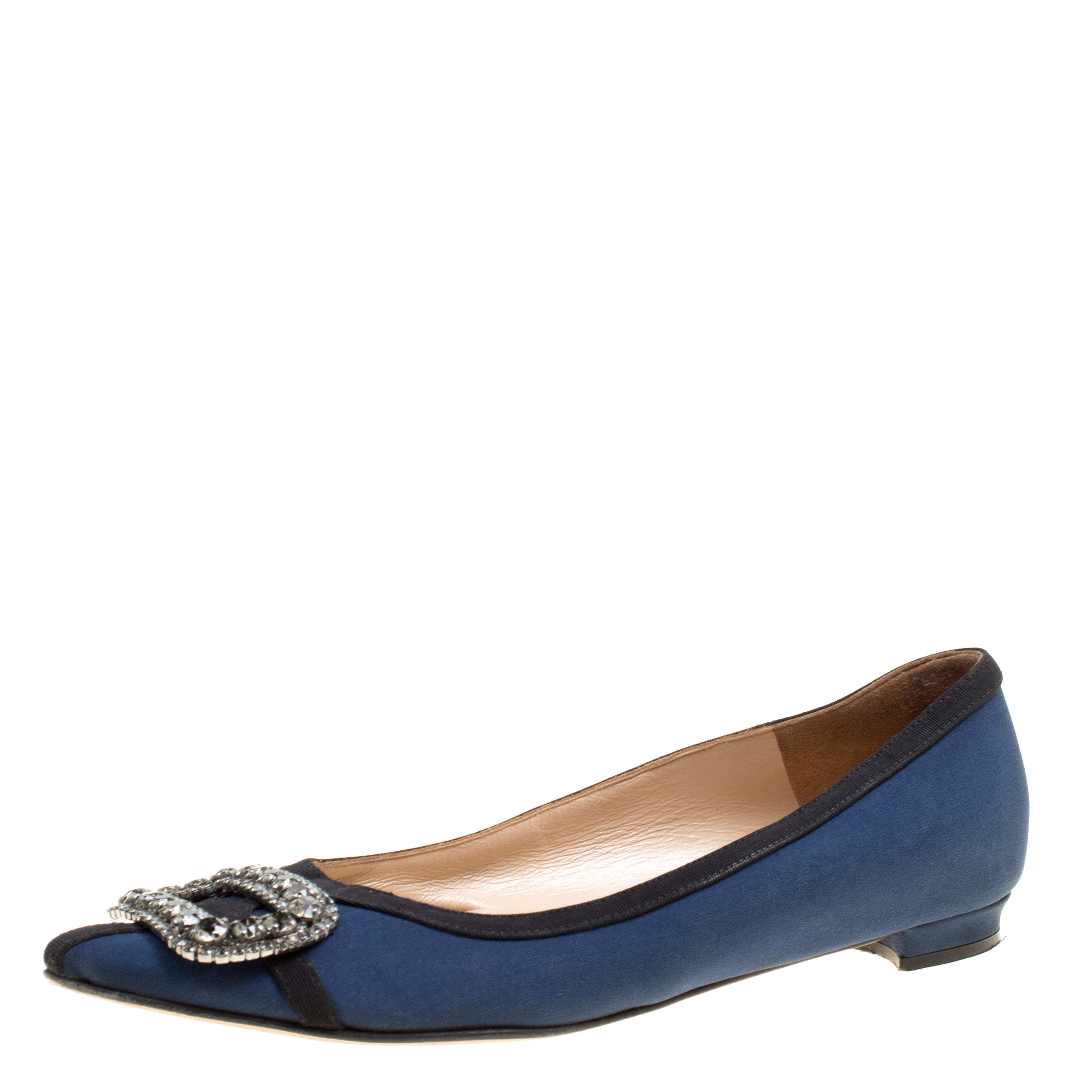 luxury-women-manolo-blahnik-used-shoes-p162610-006 manolo blahnik navy blue satin gotrian crystal embellished pointed toe flats size 36.5