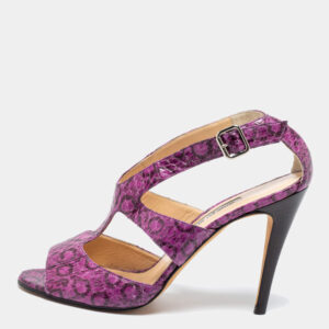 luxury-women-manolo-blahnik-used-shoes-p206001-007 manolo blahnik purple and black snakeskin peep toe ankle strap sandals size 38.5
