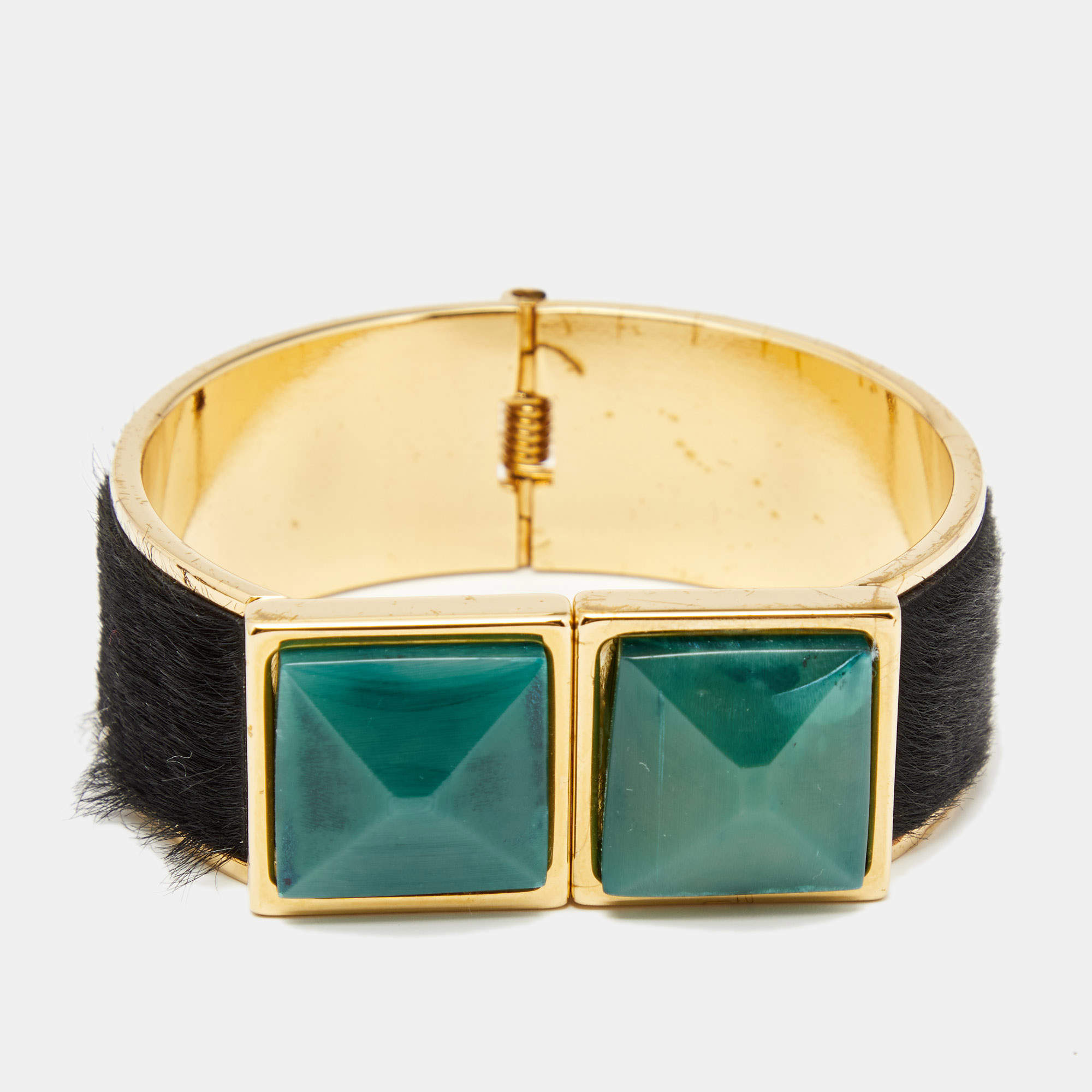 marni black fur horn embellished gold tone wide bracelet