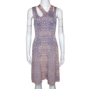 mcq by alexander mcqueen pink and blue crocodile patterned jacquard fit and flare dress xs