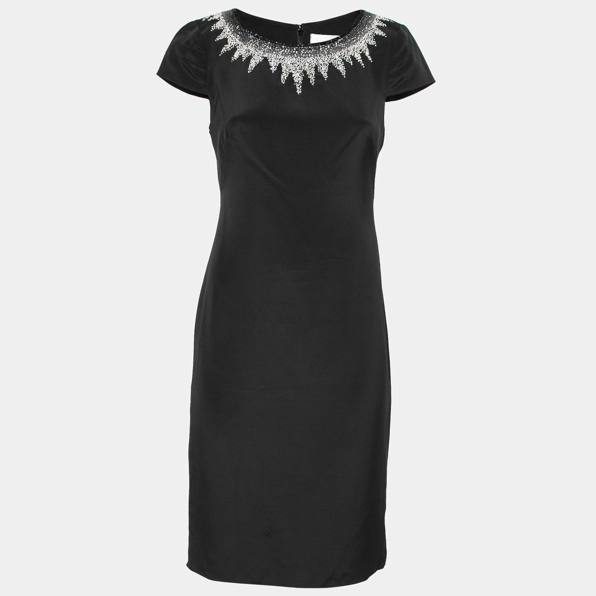 luxury-women-mikael-aghal-used-clothes-p212453-008 mikael aghal black silk embellished neckline detail dress s
