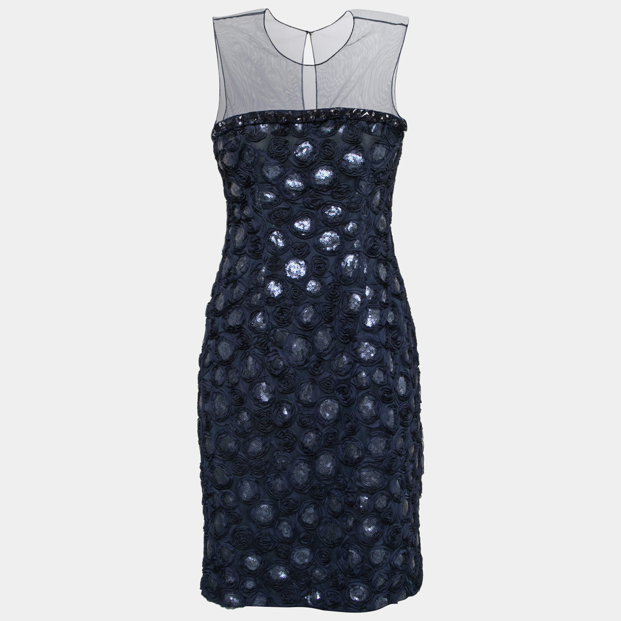 luxury-women-mikael-aghal-used-clothes-p212537-015 mikael aghal navy blue rosette applique embellished sheer yoke sleeveless dress s