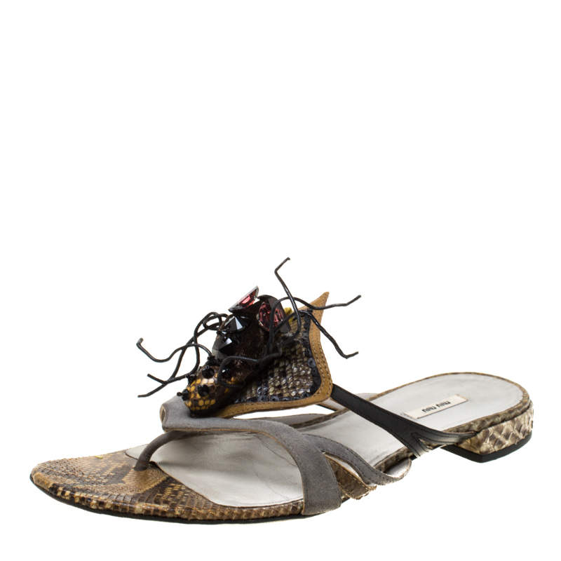 miu miu multicolor python leather and suede spider embellished flat sandals size 37