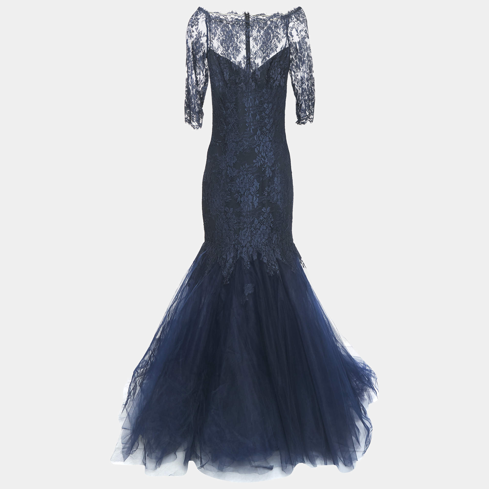 luxury-women-monique-lhuillier-used-clothes-p181233-007 monique lhuillier collection navy blue floral lace layered tulle gown l
