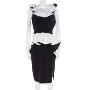 luxury-women-moschino-used-clothes-p182203-003 moschino monochrome crepe ruffled trim sleeveless midi dress m