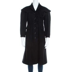 moschino black wool ruffled trim rosette applique button front long coat m