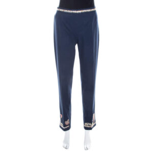 moschino navy blue cotton embroidered embellished detail fitted trousers m