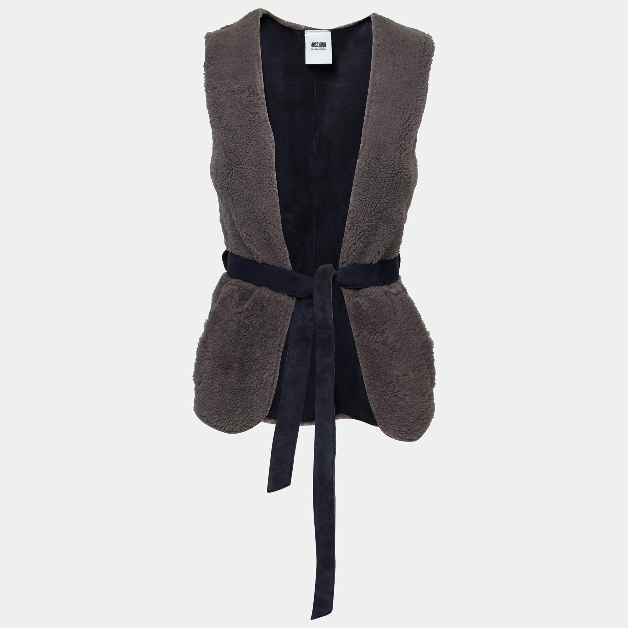 moschino cheap and chic gray lamb fur leather lined belted gilet s